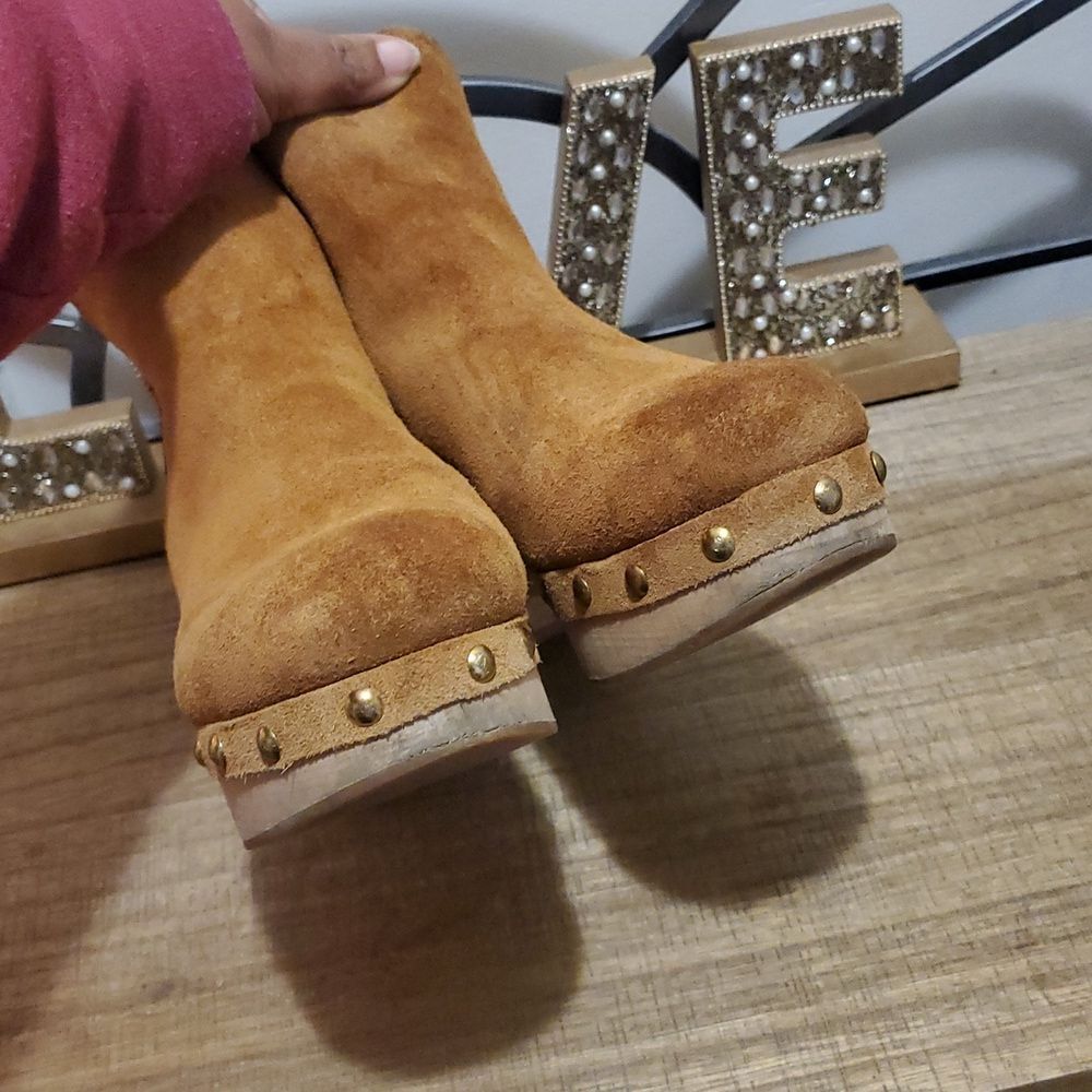 J. Crew Womens Suede Faux-fur Lined Wooden Clog Platform Chelsea Boots Sz 6 Boho - Picture 8 of 11